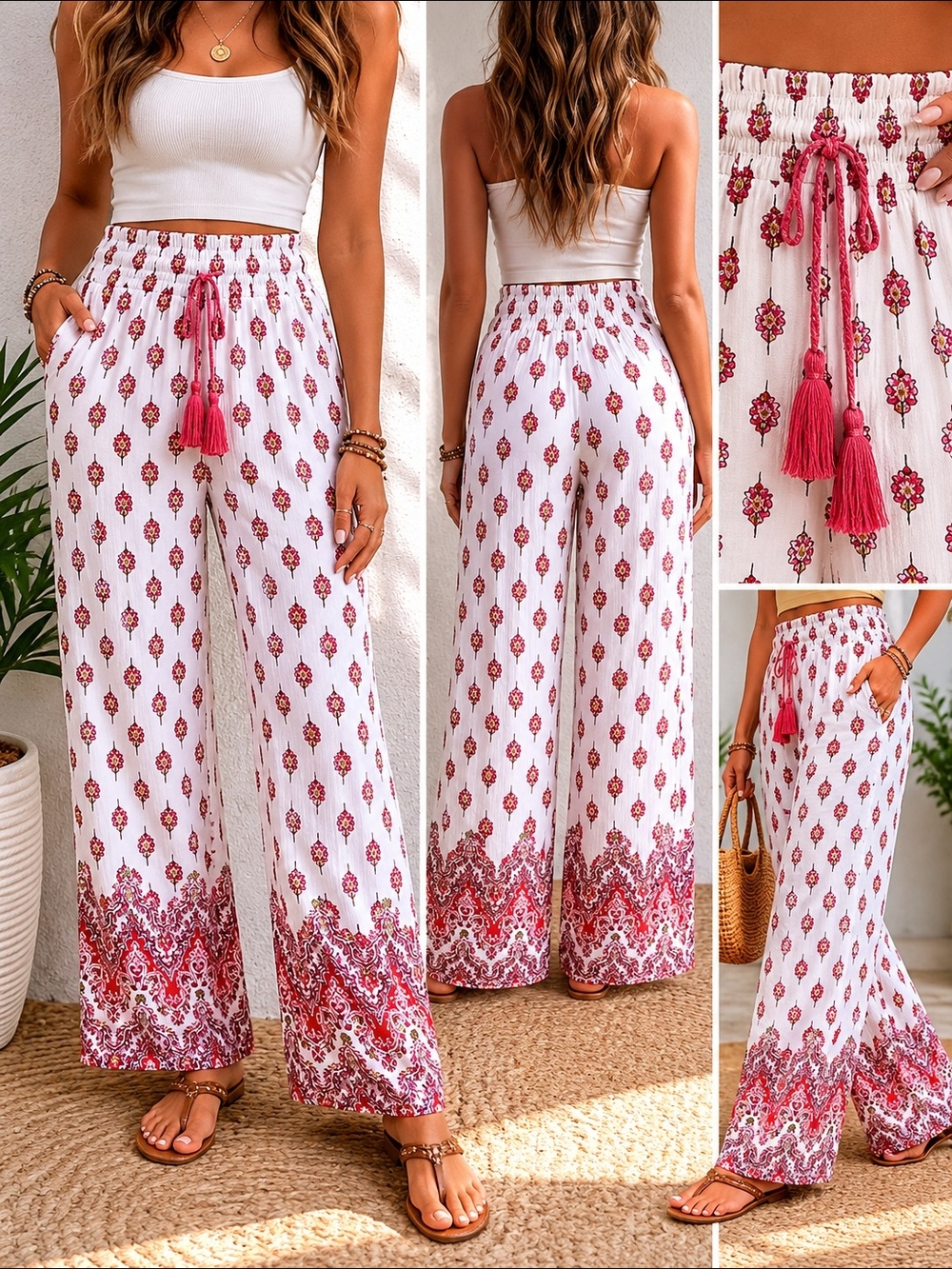 Cost Plus World Market White Wide-Leg Printed Palazzo Pants with Pink Tassel Tie